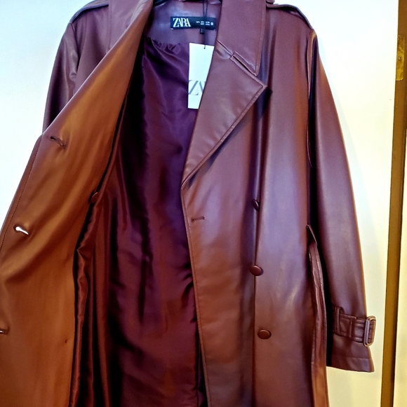 NWT ZARA Burgundy Faux Leather Trench Coat, Sz L - Picture 11 of 16